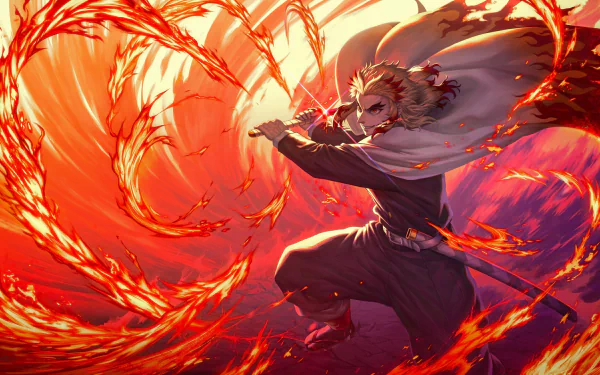Kyojuro Rengoku unleashing fiery flames in an intense scene from Demon Slayer: Kimetsu no Yaiba - The Movie: Mugen Train, captured in stunning HD anime wallpaper.