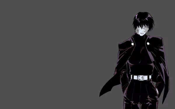 HD PC wallpaper featuring Maki Zenin from the anime Jujutsu Kaisen, depicted in a dark outfit against a minimalist gray background.