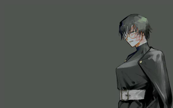 HD PC desktop wallpaper featuring Maki Zenin from the anime Jujutsu Kaisen, showcasing her in a dark outfit against a muted gray background.