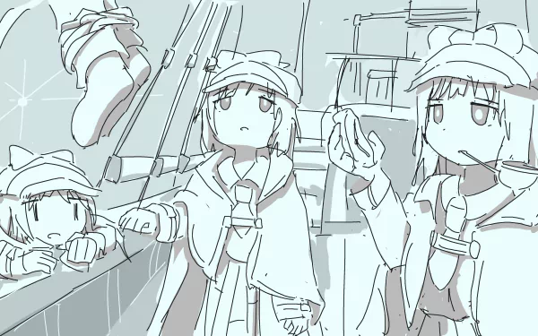 4K Ultra HD anime-style PC wallpaper featuring Virtual YouTuber Watson Amelia in a detailed sketch-like setting with multiple poses.