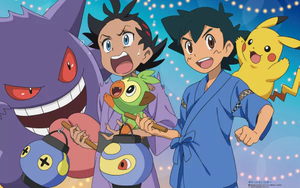 black hair kimono Grookey (Pokémon) Gengar (Pokémon) Pikachu Goh (Pokémon) Ash Ketchum Anime Pokemon HD Desktop Wallpaper | Background Image