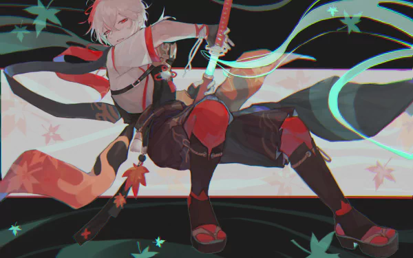 Kaedehara Kazuha from Genshin Impact in dynamic pose, featured in a 4K Ultra HD PC desktop wallpaper from the video game Genshin Impact.