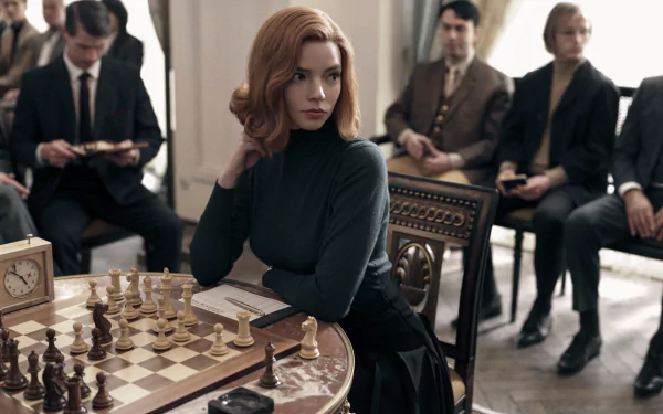 Beth Harmon, portrayed by Anya Taylor-Joy in the TV show The Queen's Gambit, sits thoughtfully at a chessboard in this HD PC desktop wallpaper and background.