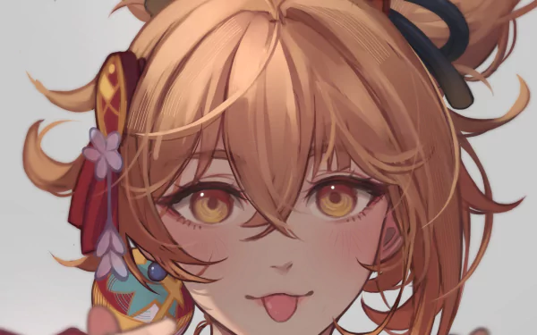 HD PC desktop wallpaper featuring Yoimiya from the video game Genshin Impact, showcasing her detailed anime-style face and vibrant design.