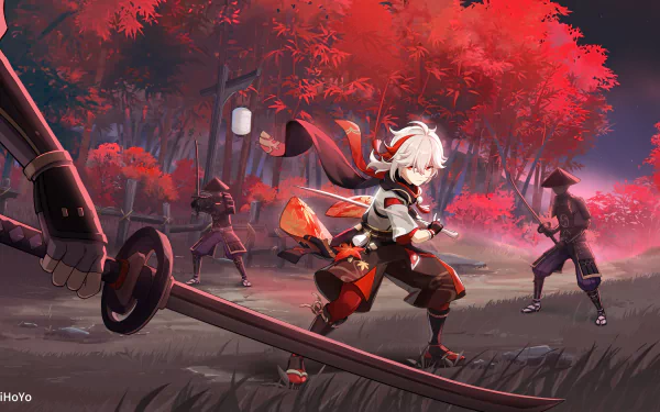 HD desktop wallpaper featuring Kaedehara Kazuha from the video game Genshin Impact, depicted in a dynamic scene with vibrant red foliage and three samurai enemies in the background.