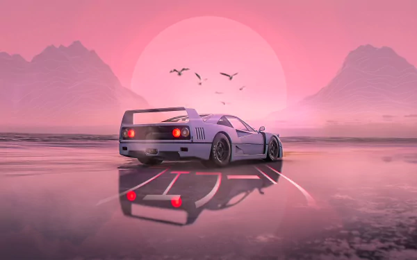 4K Ultra HD PC desktop wallpaper of a sleek sports car on a reflective surface with a pink sunset and mountains in the background.