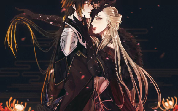 HD PC desktop wallpaper featuring La Signora and Zhongli from the video game Genshin Impact, showcasing a dramatic and detailed character portrait.