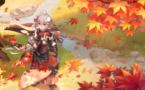 HD desktop wallpaper featuring Kaedehara Kazuha from Genshin Impact, standing in a vivid autumn landscape with swirling red leaves.