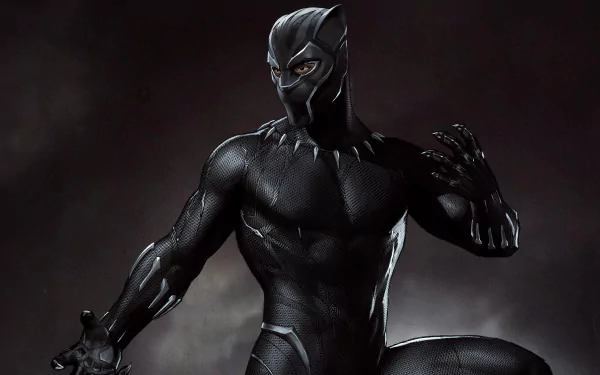 HD wallpaper featuring the Black Panther from Marvel Comics, poised in a dynamic stance against a dark background.