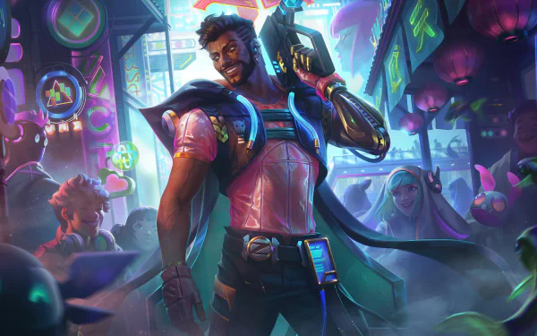 HD PC desktop wallpaper featuring Akshan from League of Legends in a vibrant, neon-lit cityscape, capturing the video game's dynamic and futuristic style.