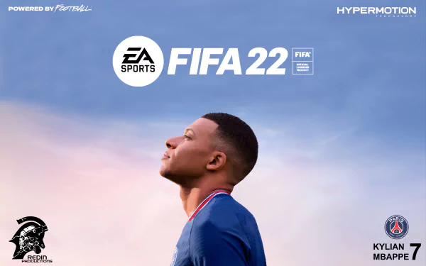 4K Ultra HD PC desktop wallpaper of Kylian Mbappé from the FIFA 22 video game, showcasing the player with a serene sky background.