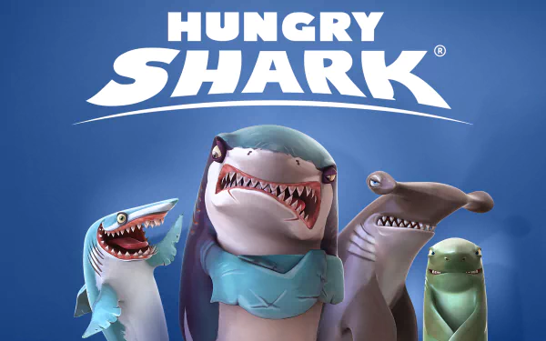 4K Ultra HD PC desktop wallpaper of Hungry Shark World video game featuring four stylized sharks and the Hungry Shark logo on a blue background.