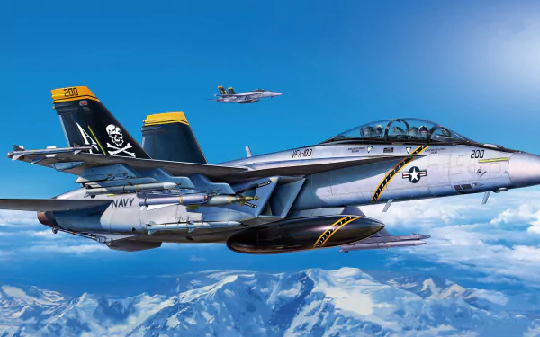 4K Ultra HD image of a Boeing F/A-18E/F Super Hornet jet fighter soaring above snowy mountains with a clear blue sky, showcasing advanced military warplanes.