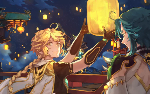 HD PC wallpaper of Genshin Impact: Aether and Xiao releasing a glowing Lantern Rite sky lantern amid festival lanterns over Liyue at night