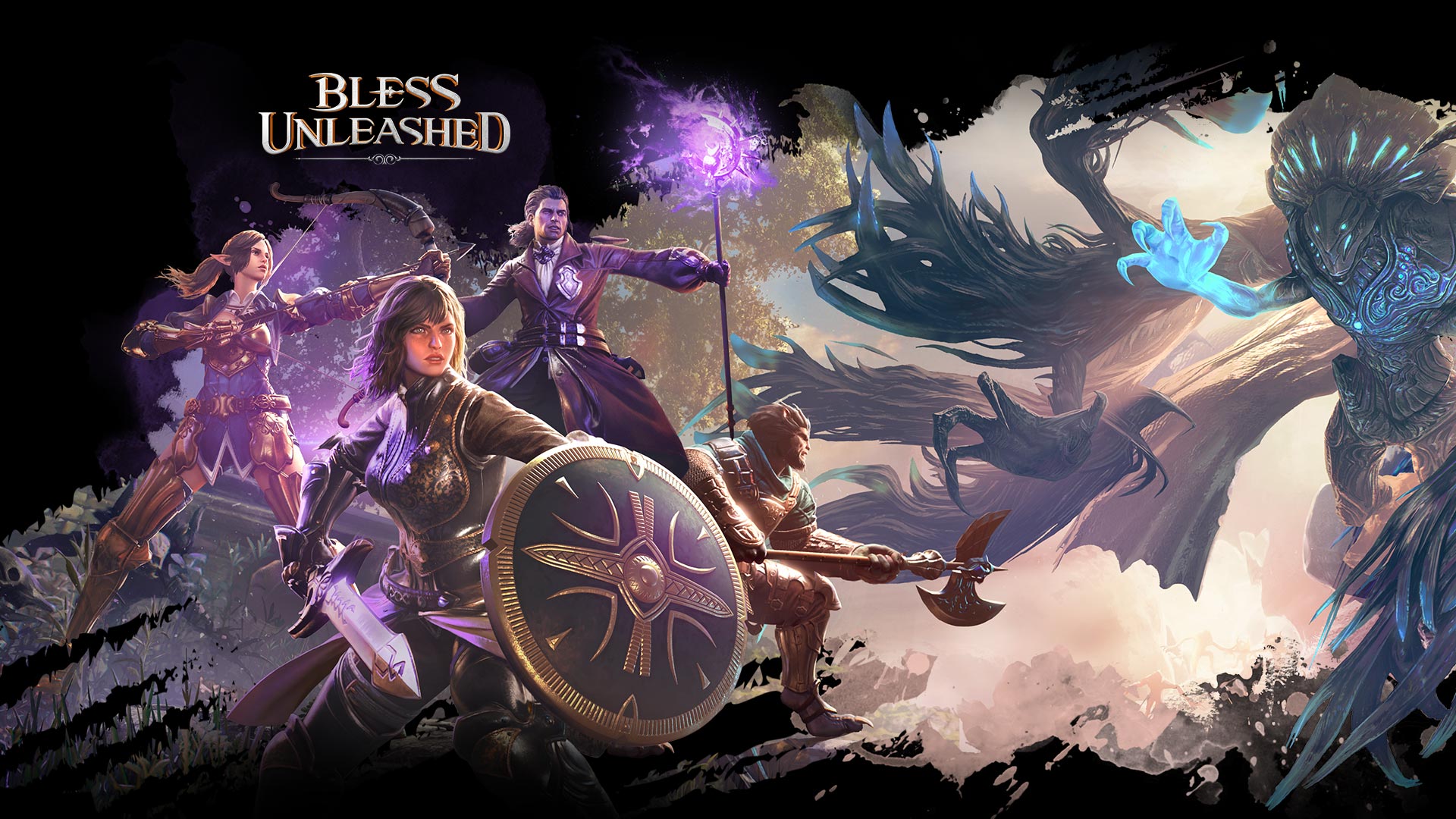 Bless Unleashed HD desktop wallpaper featuring dynamic character artwork with fantasy warriors and mystical creatures.