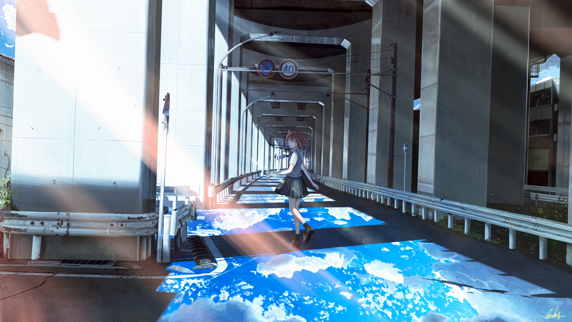 A vibrant anime girl walking through a futuristic underpass, with a stunning blue sky reflected on the ground, captured in 4K Ultra HD for a striking desktop wallpaper.