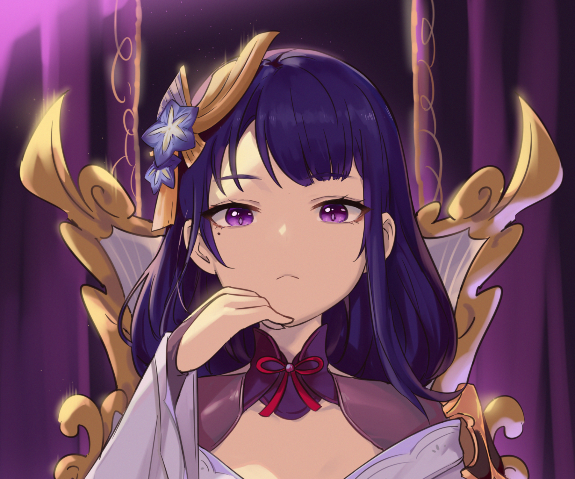 Baal Raiden Shogun (Genshin Impact) portrait — HD PC desktop wallpaper of the purple-eyed Electro archon, thoughtful pose on a gilded throne, video game background.