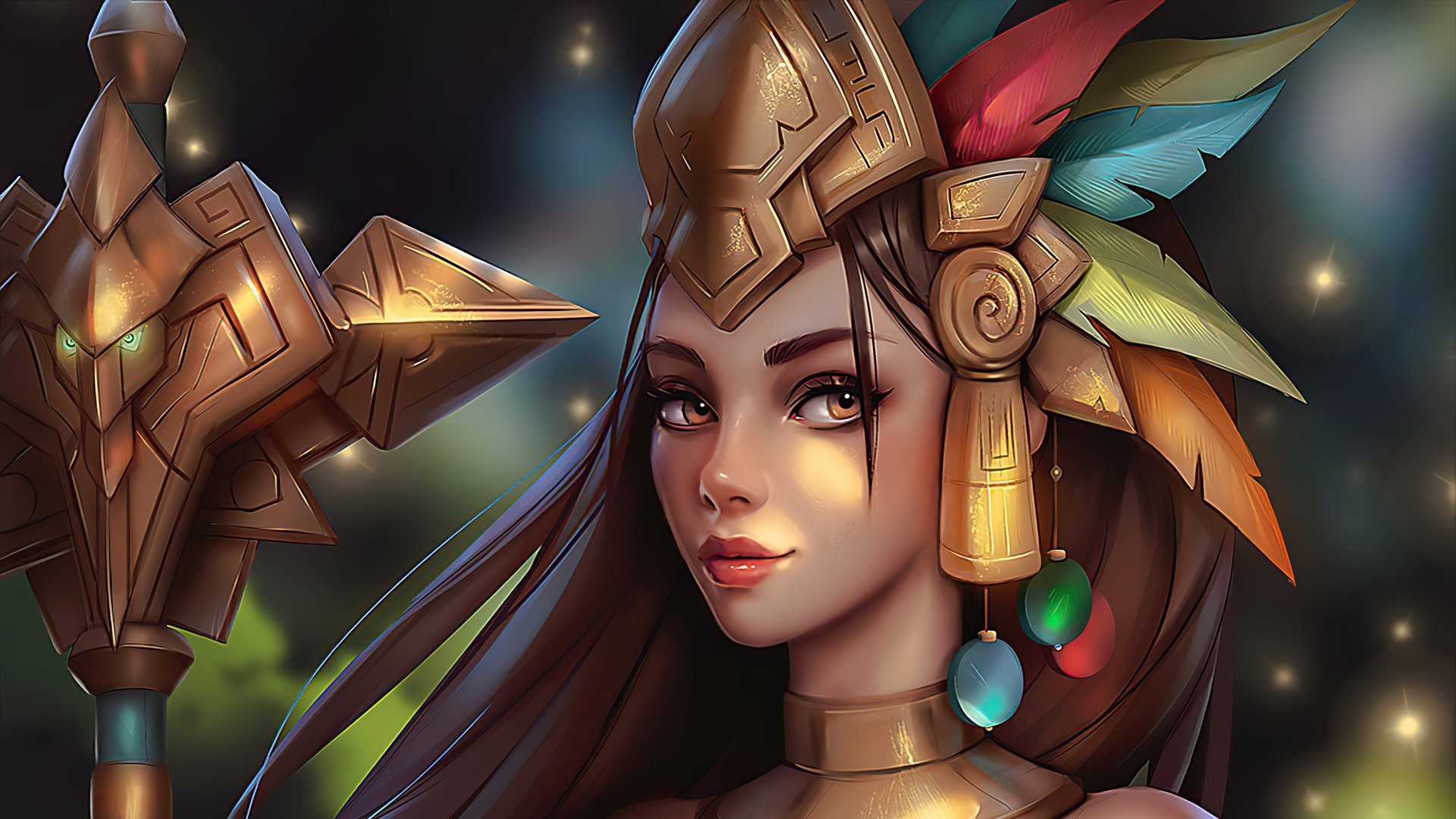 HD fantasy desktop wallpaper of a woman wearing an ornate headdress adorned with colorful feathers and golden accents, set against a soft glowing background.