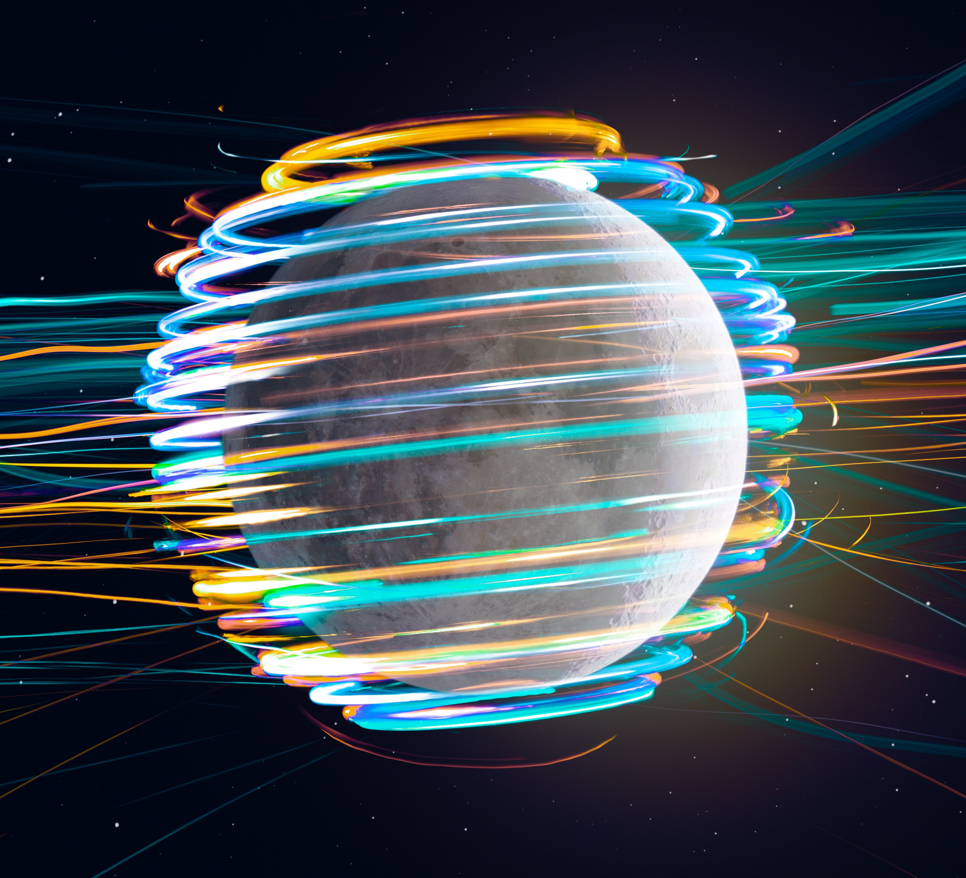 Artistic HD PC desktop wallpaper featuring a luminous moon encircled by vibrant, swirling light trails against a dark cosmic background.