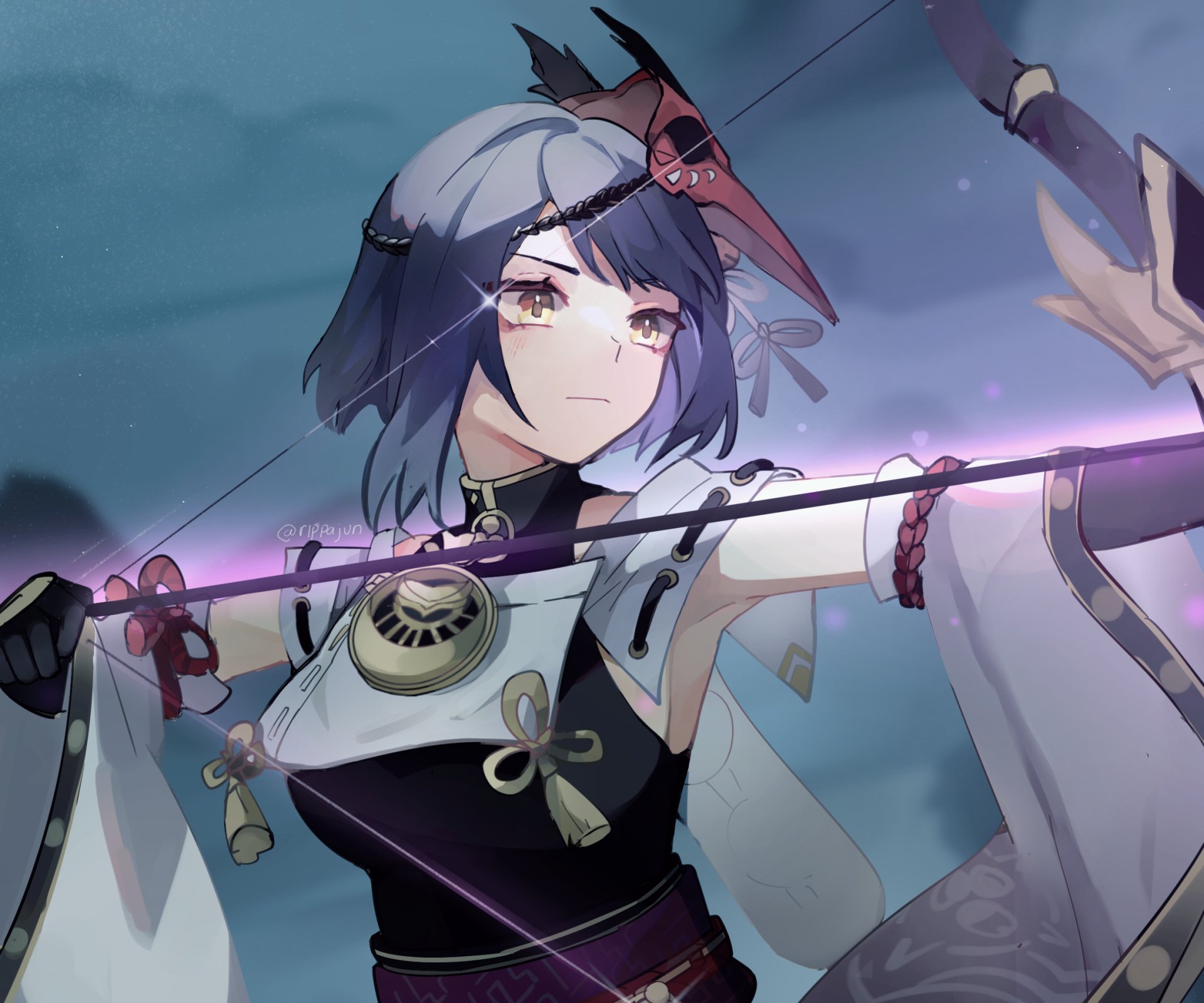 HD PC desktop wallpaper featuring Kujou Sara from the video game Genshin Impact, showcasing her poised with a glowing bow against a misty background.