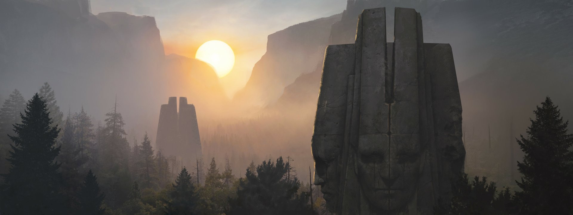 HD PC desktop wallpaper from the video game New World, featuring a misty mountainous landscape with a large stone statue and a glowing sun in the background.