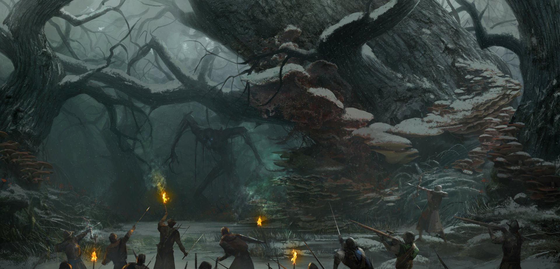 New World video game 2K Quad HD PC desktop wallpaper/background: torch-bearing figures gathered beneath a colossal, snow-dusted twisted tree in a foggy, menacing forest.
