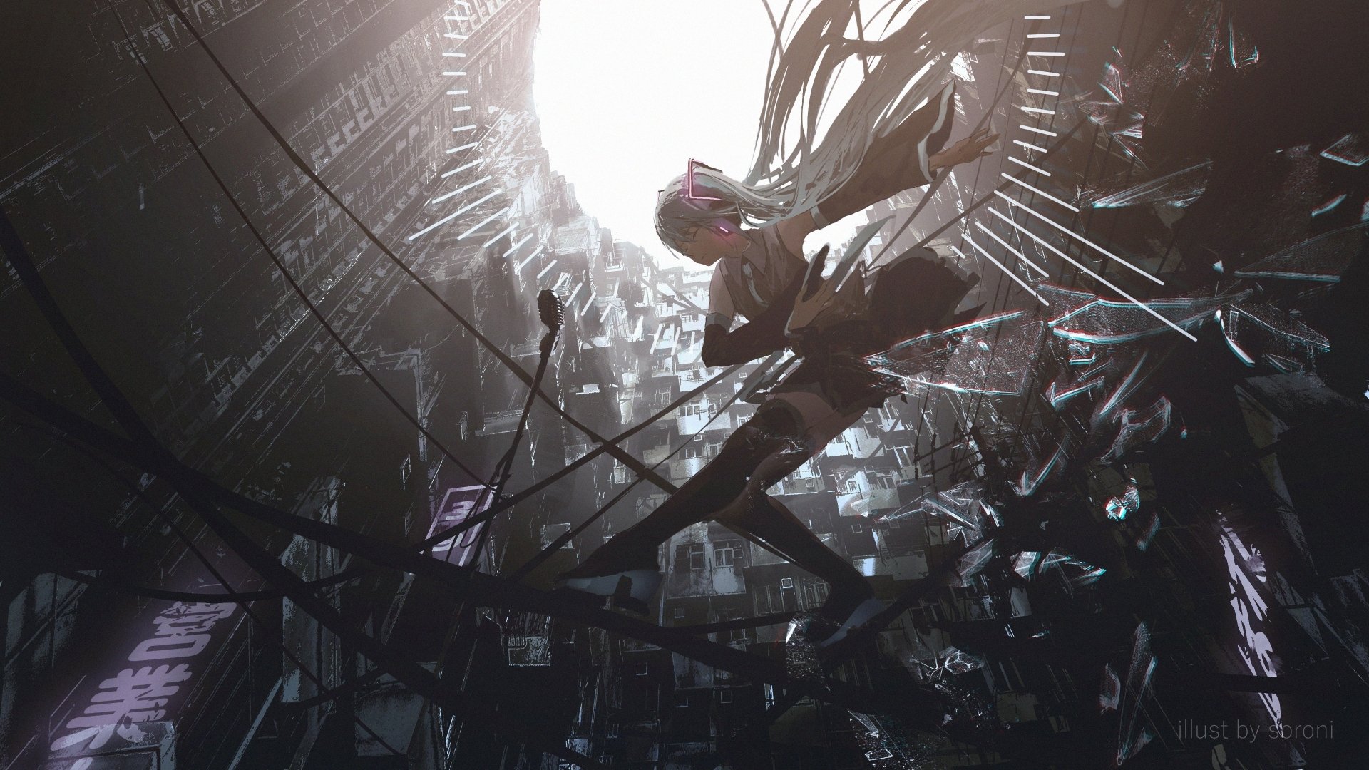 A dynamic 4K Ultra HD anime wallpaper featuring Hatsune Miku in a futuristic, urban setting, embodying the Vocaloid aesthetic with vivid lighting and intricate details.