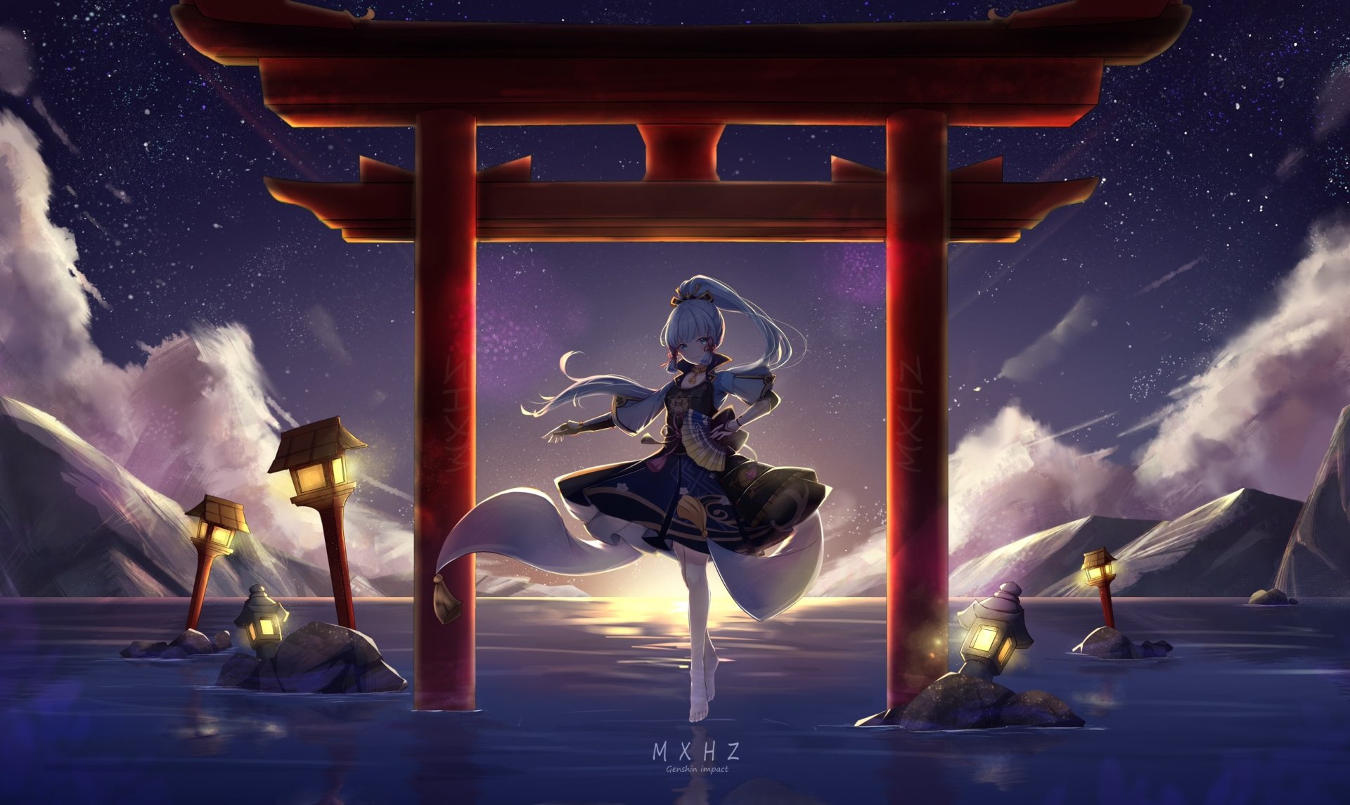 Kamisato Ayaka from Genshin Impact stands beneath a red torii over reflective water at night, starry sky — 2K Quad HD PC desktop wallpaper, video game background.