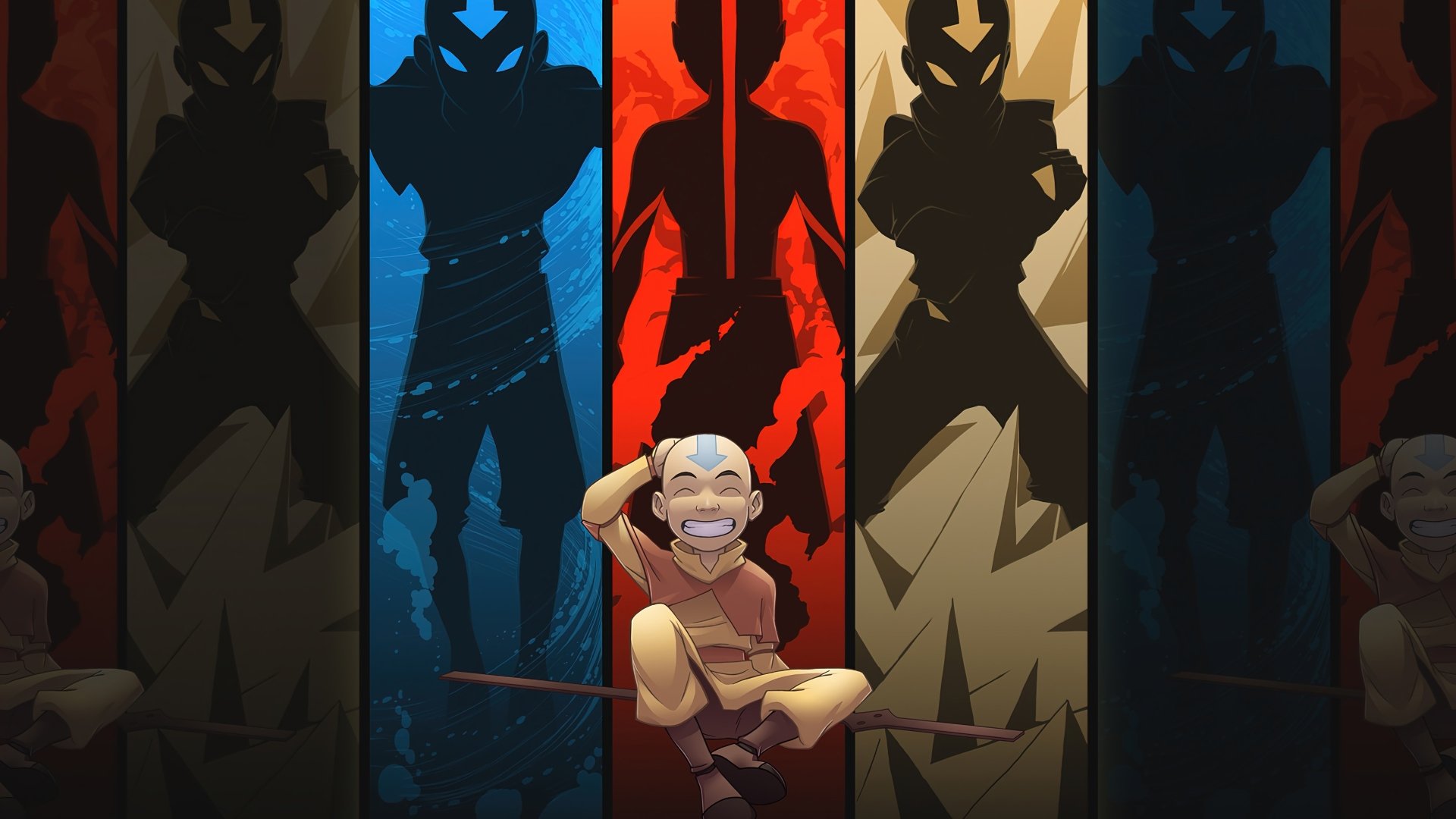 Anime 4K Ultra HD PC desktop wallpaper and background from Avatar: The Last Airbender, showing Aang (Avatar) grinning with his staff before colorful banners of Avatar silhouettes.