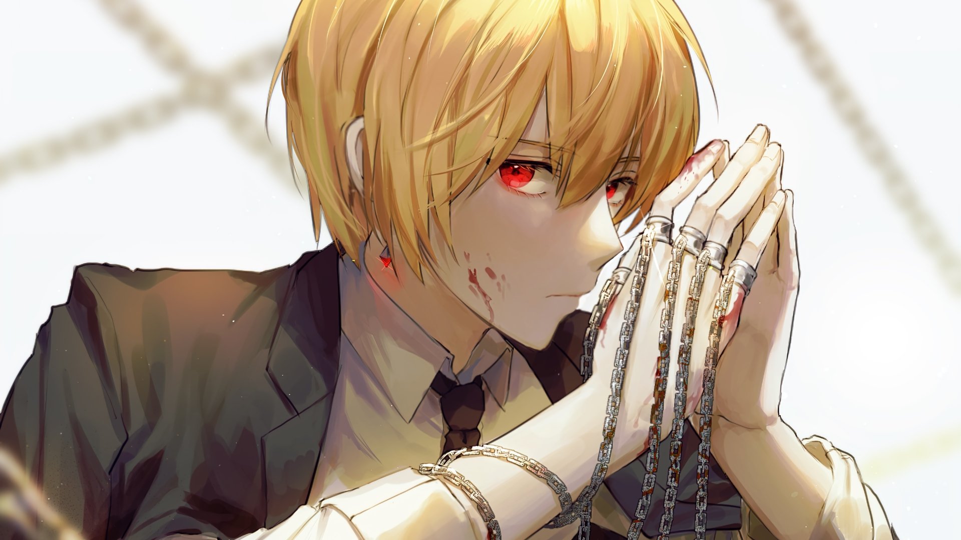 Kurapika from Hunter × Hunter stands with an intense expression, bloodied and bound by chains, captured in a striking 4K Ultra HD anime wallpaper.