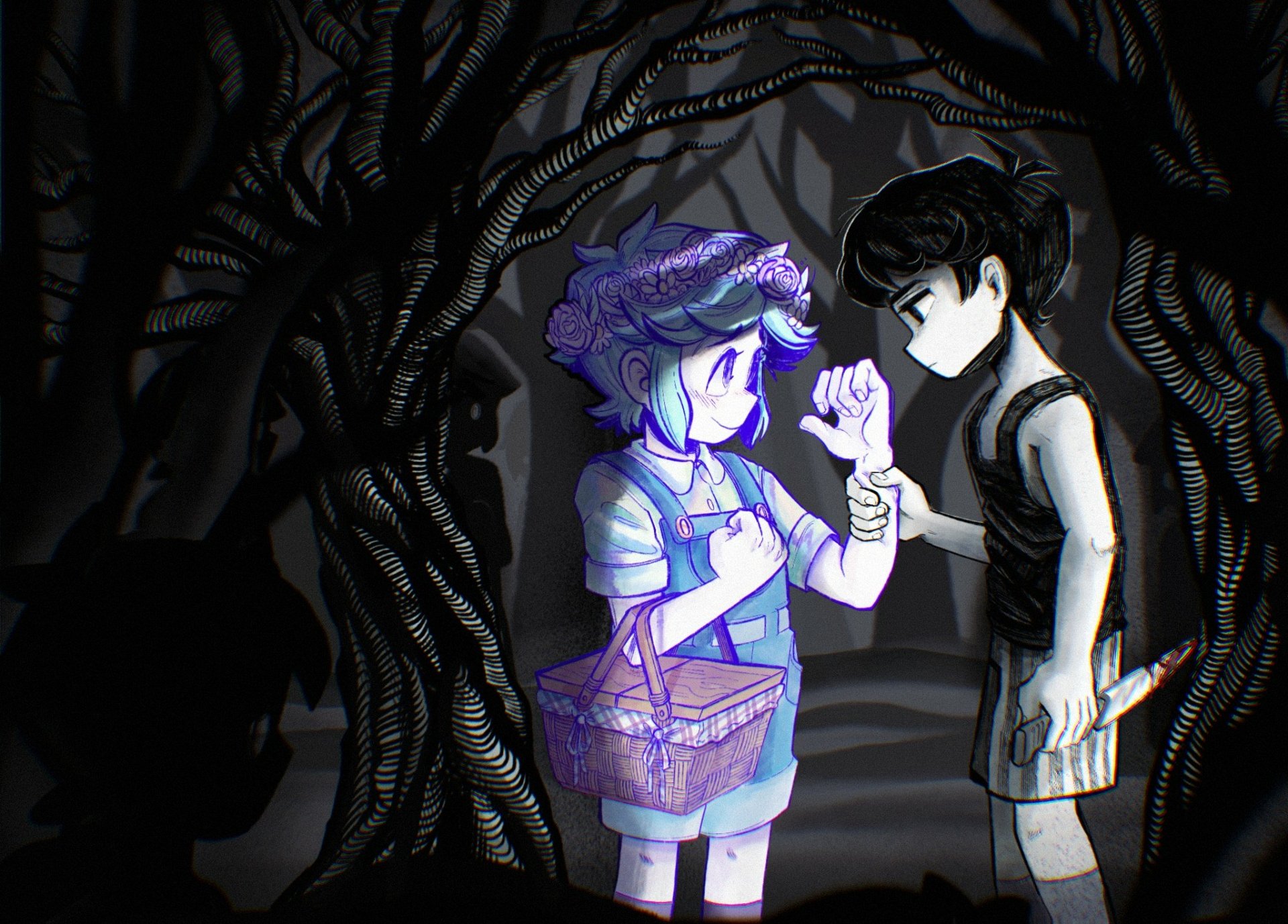 HD PC desktop wallpaper from the video game OMORI: Omori and Basil in a shadowy forest of twisted branches; glowing Basil holds a flower as Omori, knife at his side, reaches toward him.