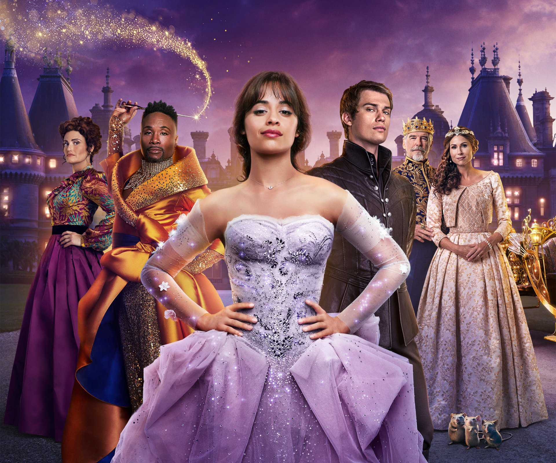 HD PC desktop wallpaper featuring Nicholas Galitzine and Camila Cabello from the 2021 movie Cinderella, with a magical castle backdrop and elegant costumes.