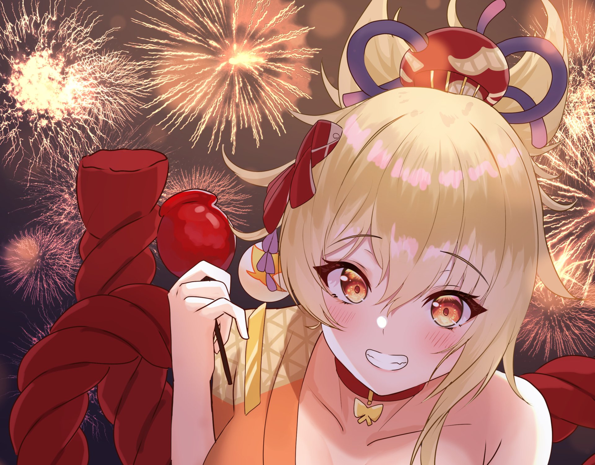 HD PC desktop wallpaper featuring Yoimiya from Genshin Impact with a joyful expression, holding an apple amid vibrant fireworks in the background.