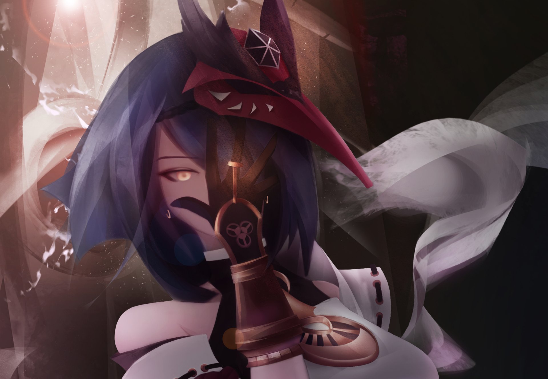 Kujou Sara from Genshin Impact in a detailed 4K Ultra HD PC desktop wallpaper, featuring her signature crow mask and dynamic, dark-toned background.