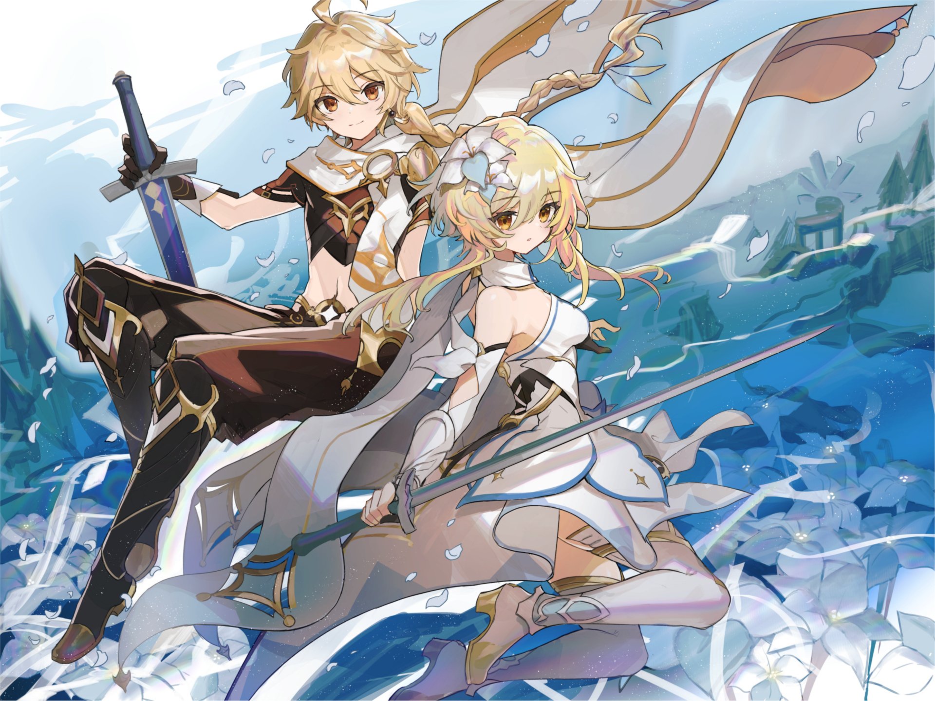 HD PC desktop wallpaper featuring Lumine and Aether from the video game Genshin Impact against a vibrant, dynamic background.