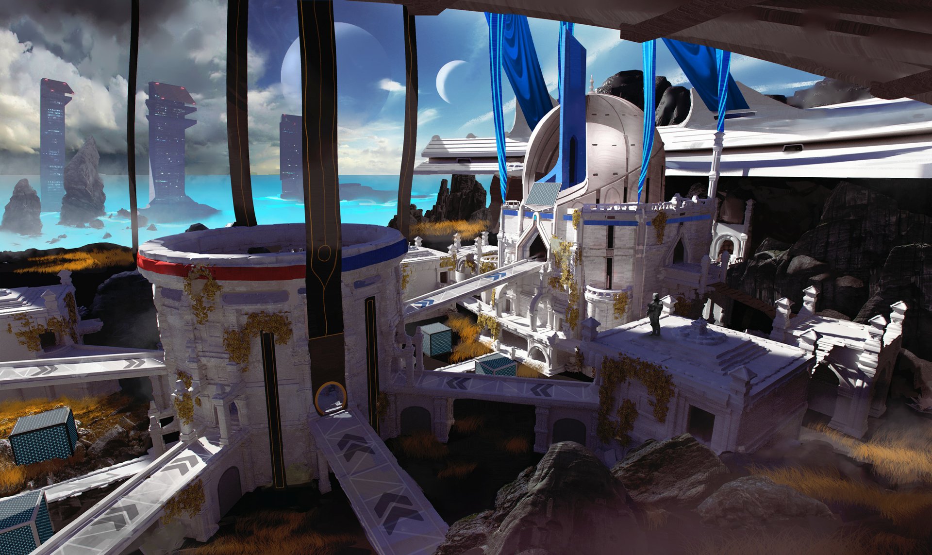 HD Splitgate game wallpaper featuring futuristic sci-fi arena under a blue sky with distant planets.