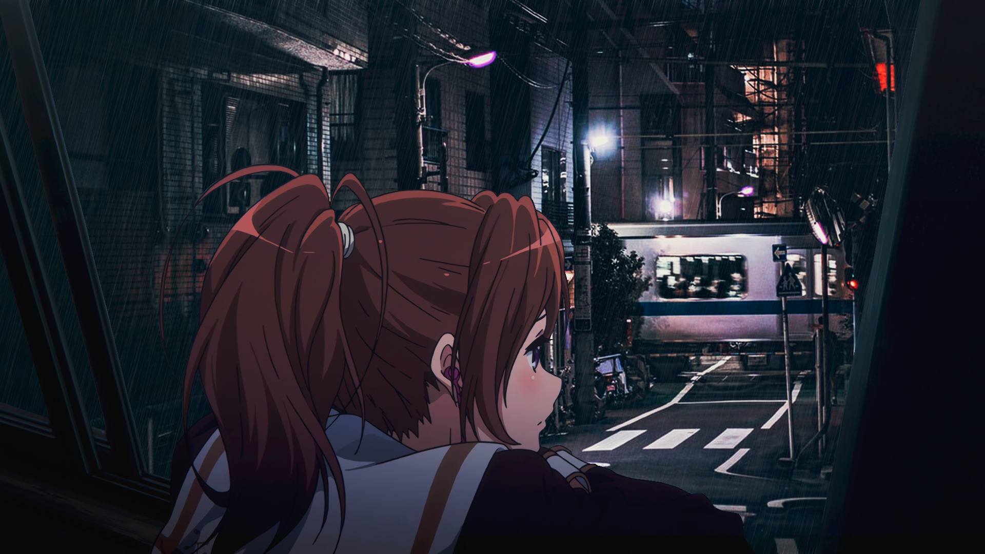 HD anime desktop wallpaper featuring Nakagawa Natsuki, an anime girl with reddish-brown hair tied in a ponytail, set against a dark urban night background.