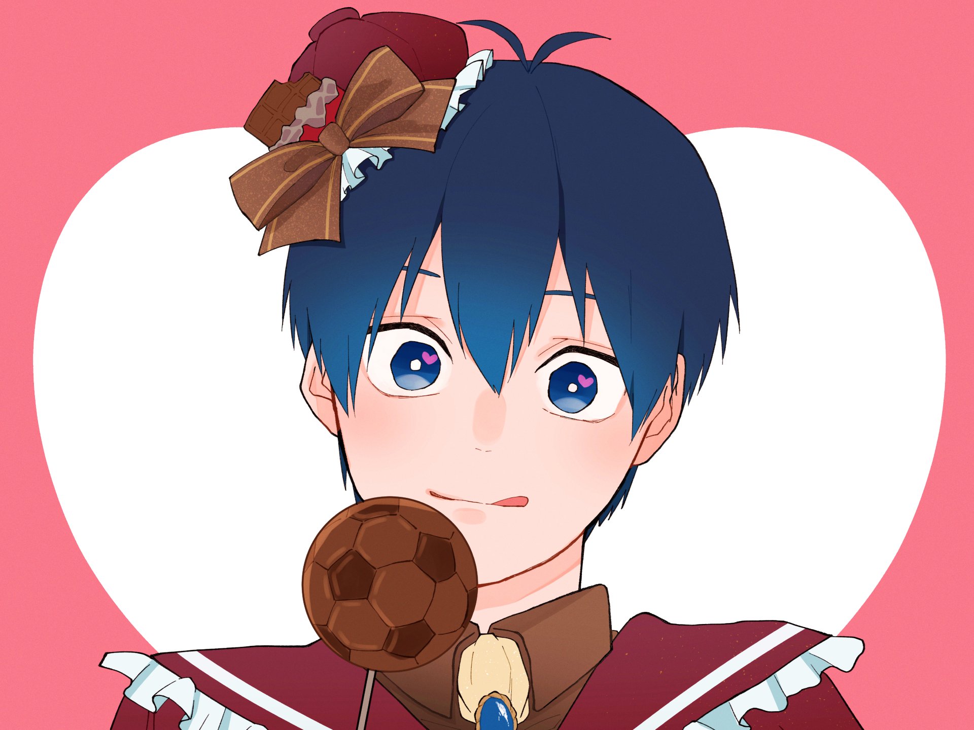 Anime wallpaper of Blue Lock's Isagi Yoichi holding a chocolate soccer ball, vibrant 4K Ultra HD PC desktop background with a pink heart backdrop.