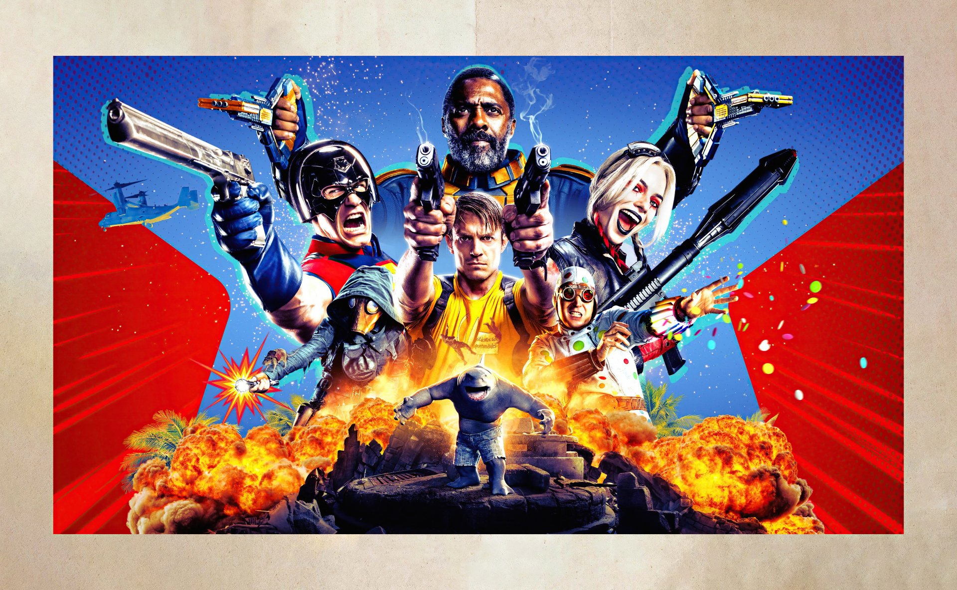 8K Ultra HD desktop wallpaper featuring characters King Shark, Peacemaker, Bloodsport, Polka-Dot Man, Ratcatcher 2, Rick Flag, and Harley Quinn from The Suicide Squad movie.