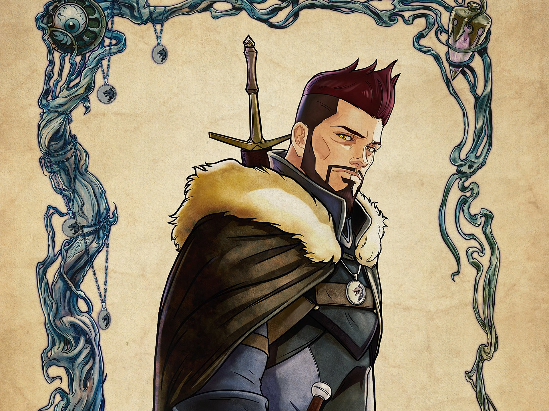 HD PC desktop wallpaper featuring a stylized character from the movie The Witcher: Nightmare of the Wolf, framed by intricate blue designs on a parchment background.