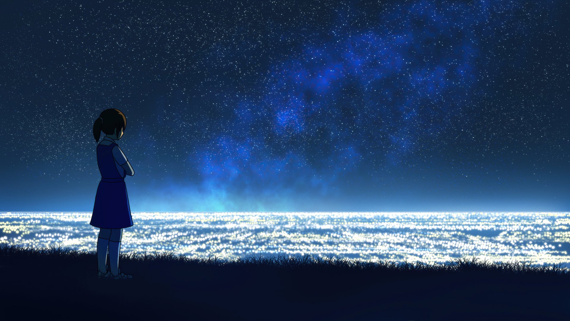 Anime girl stands on a hilltop overlooking a glowing cityscape beneath a star-filled night sky, captured in stunning 8K Ultra HD for a PC desktop wallpaper.