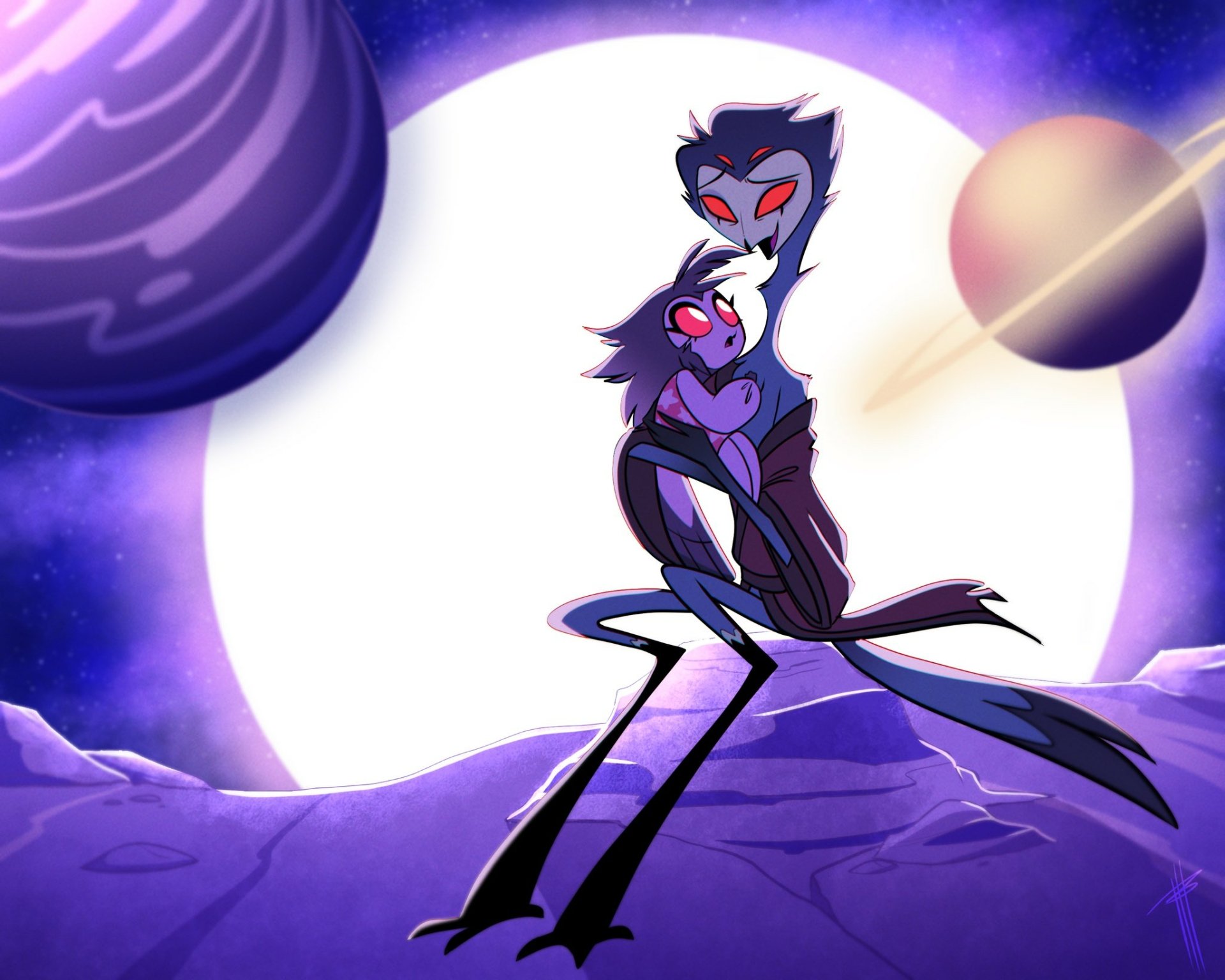 HD PC desktop wallpaper featuring Stolas and Octavia from the TV show Helluva Boss against a cosmic background with planets and a glowing moon.