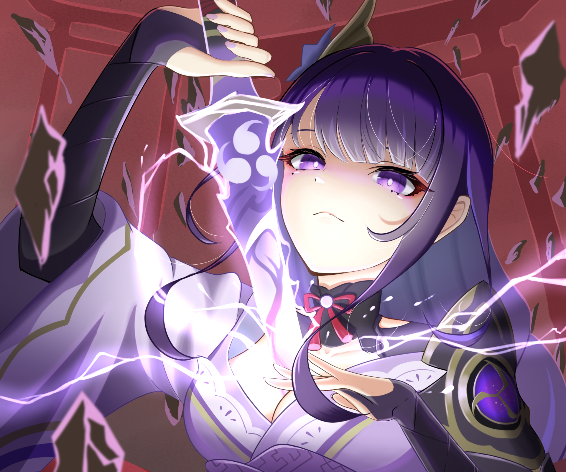 HD PC desktop wallpaper featuring Baal Raiden Shogun from the video game Genshin Impact, showcasing her intense expression and electrifying energy.