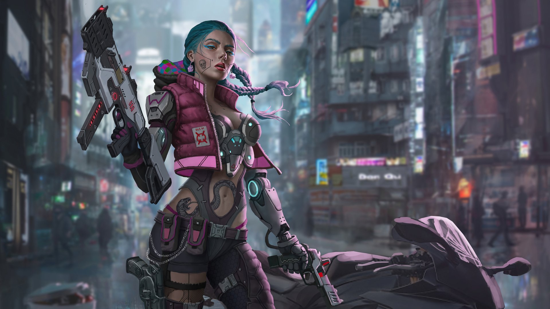 A futuristic woman warrior cyborg armed with high-tech weapons stands confidently in a neon-lit sci-fi cityscape, rendered in stunning 4K Ultra HD detail.