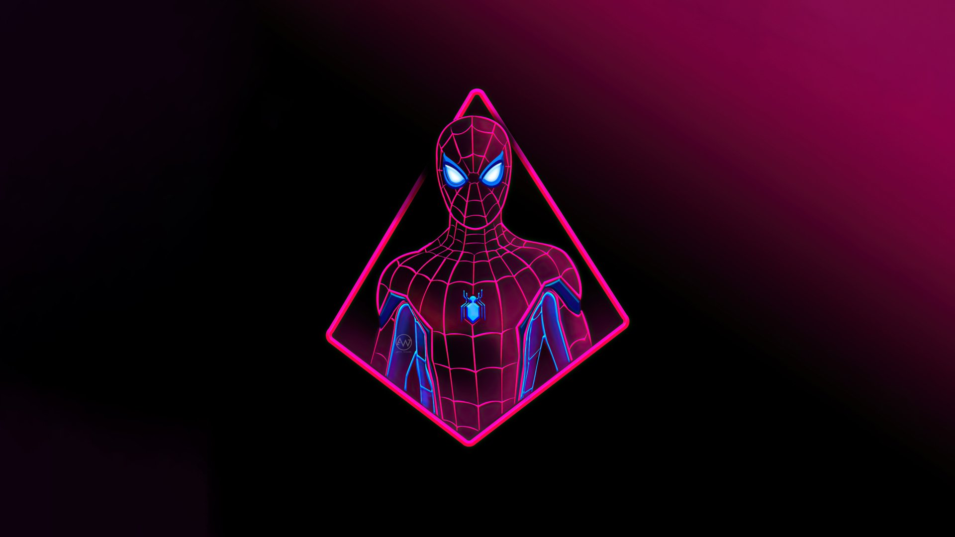Neon comic Spider-Man bust with glowing blue eyes and chest emblem inside a pink diamond on a dark magenta background — 4K Ultra HD PC desktop wallpaper.