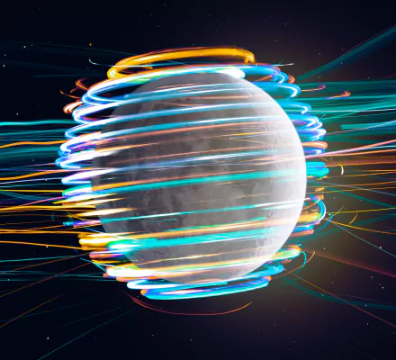 Artistic HD PC desktop wallpaper featuring a luminous moon encircled by vibrant, swirling light trails against a dark cosmic background.