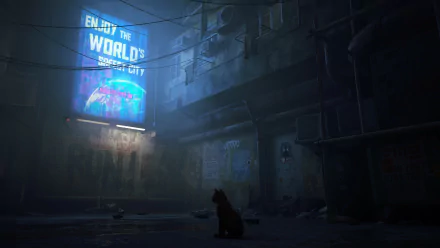 HD PC desktop wallpaper from the video game Stray, showing a dark, futuristic alleyway with a cat silhouetted against neon signs.