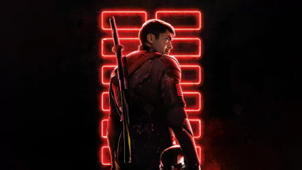 8K Ultra HD PC desktop wallpaper of Snake Eyes (G.I. Joe) from the movie Snake Eyes: G.I. Joe Origins, backlit by red neon bars, holding helmet and sword.