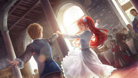 Eris Boreas Greyrat and Rudeus Greyrat from Mushoku Tensei: Jobless Reincarnation are seen dancing in an elegant room. Sunlight streams through the windows, creating a magical atmosphere.