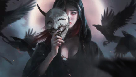 A fantasy-themed 4K Ultra HD wallpaper featuring a woman in a dark hood holding a horned mask, surrounded by flying crows.